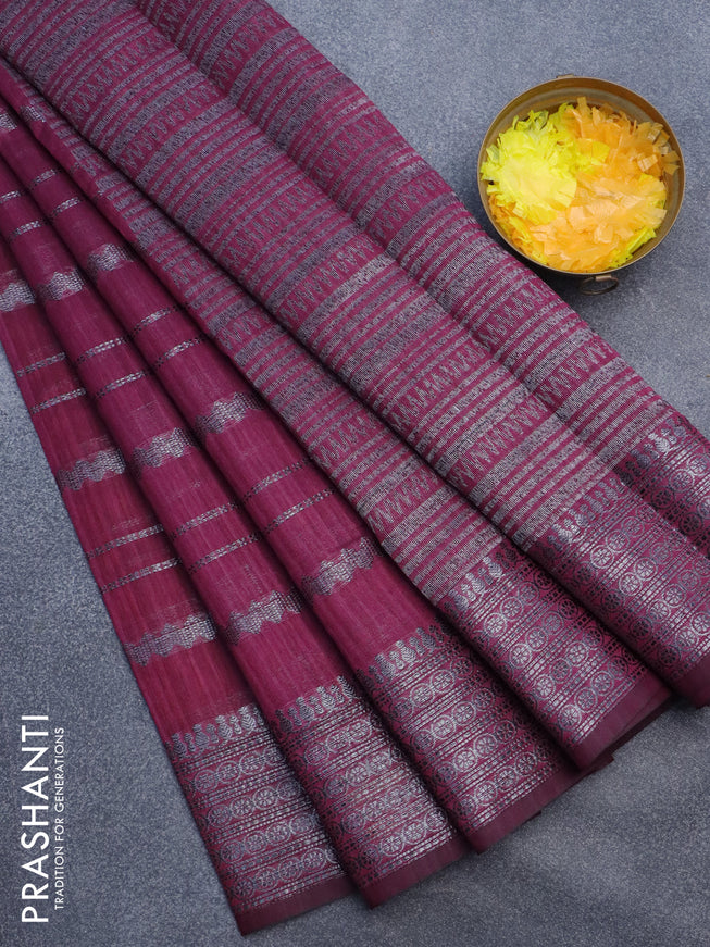 Matka tussar saree dark magenta pink with allover thread & silver zari weaves and woven border