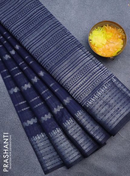 Matka tussar saree dark blue with allover thread & silver zari weaves and woven border