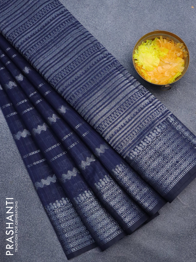 Matka tussar saree dark blue with allover thread & silver zari weaves and woven border