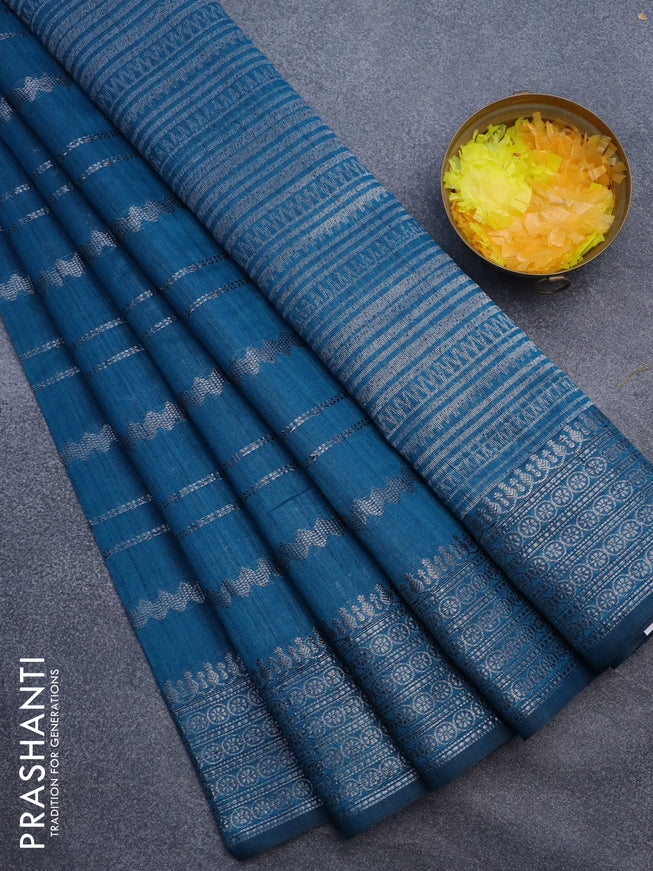 Matka tussar saree cs blue with allover thread & silver zari weaves and woven border