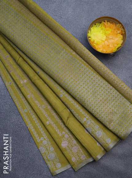 Matka tussar saree mehendi green with allover thread & zari weaves and piping border