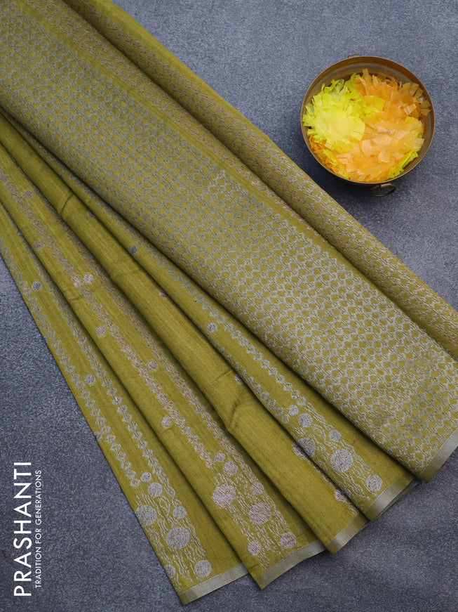 Matka tussar saree mehendi green with allover thread & zari weaves and piping border