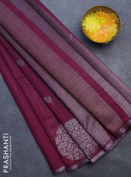 Matka tussar saree dark magenta pink with thread & zari woven floral buttas and piping border