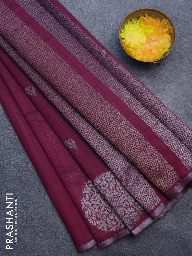 Matka tussar saree dark magenta pink with thread & zari woven floral buttas and piping border