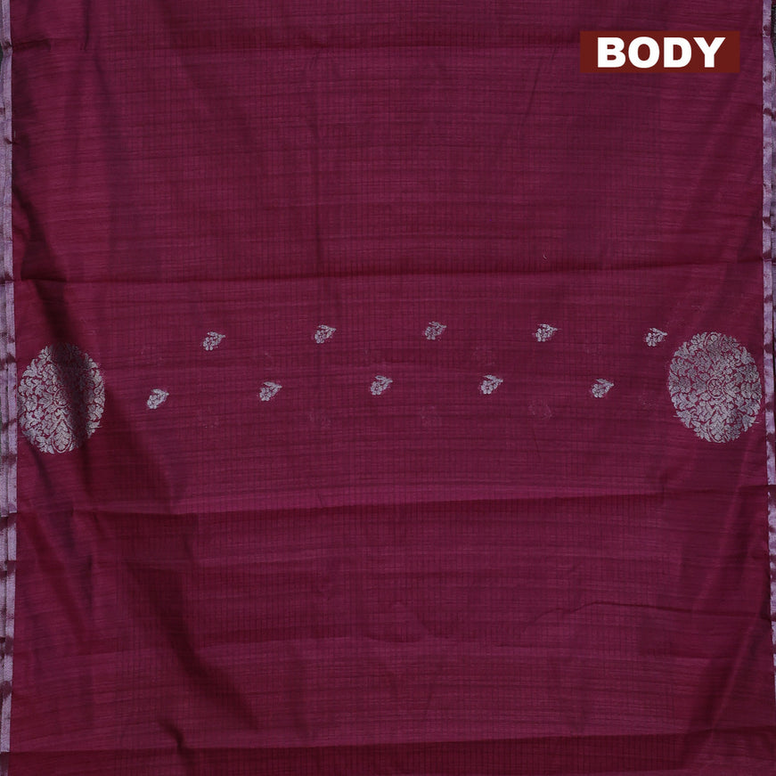 Matka tussar saree dark magenta pink with thread & zari woven floral buttas and piping border