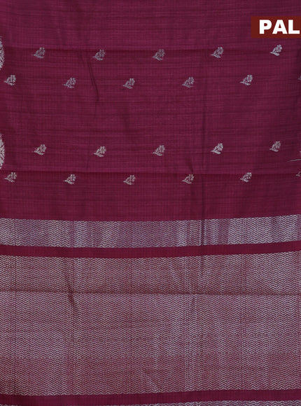 Matka tussar saree dark magenta pink with thread & zari woven floral buttas and piping border