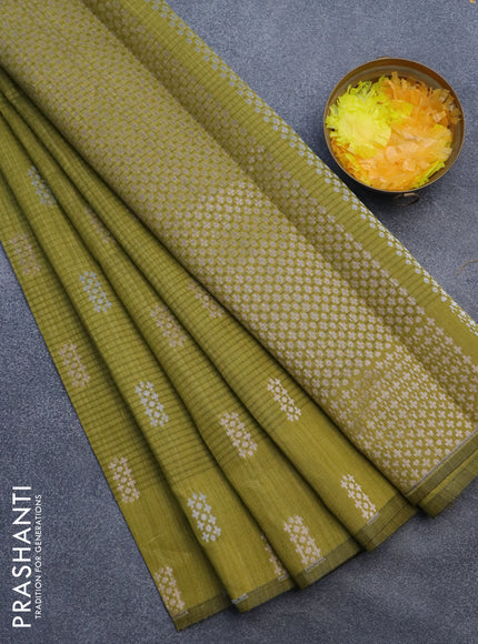 Matka tussar saree mehendi green with zari woven buttas and piping border