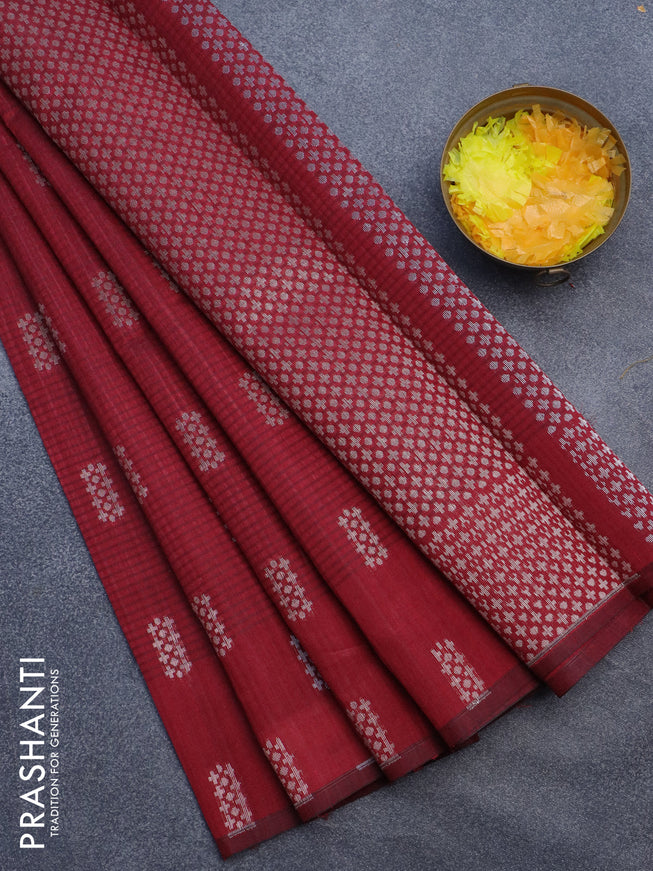 Matka tussar saree maroon with zari woven buttas and piping border