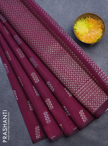 Matka tussar saree dark magenta pink with zari woven buttas and piping border