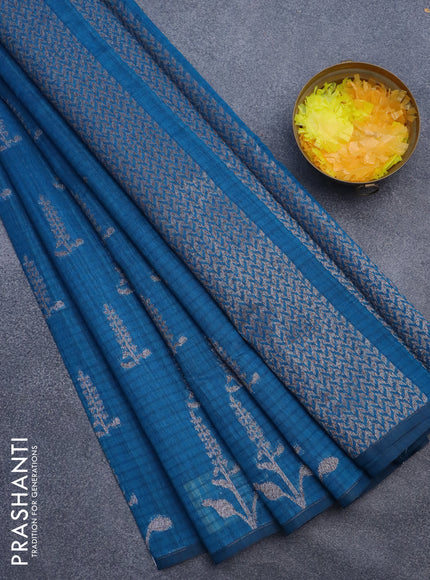 Matka tussar saree cs blue with woven buttas and piping border