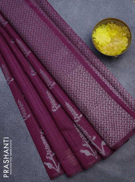 Matka tussar saree dark magenta pink with woven buttas and piping border