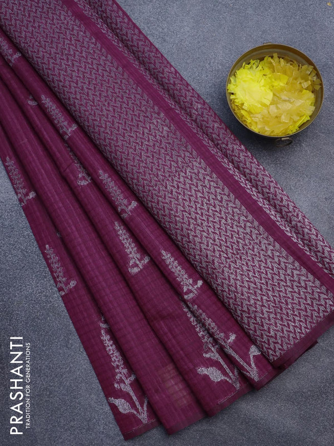 Matka tussar saree dark magenta pink with woven buttas and piping border