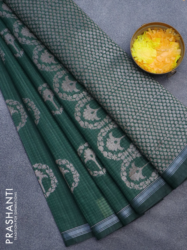 Matka tussar saree dark green with woven buttas and piping border