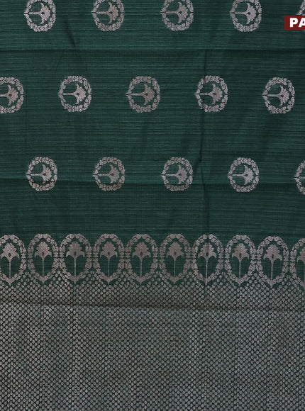 Matka tussar saree dark green with woven buttas and piping border