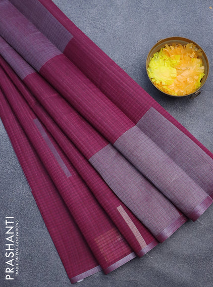 Matka tussar saree dark magenta pink with silver & gold zari weaves and piping border