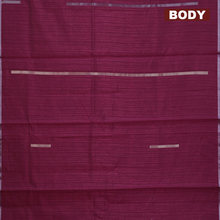 Matka tussar saree dark magenta pink with silver & gold zari weaves and piping border