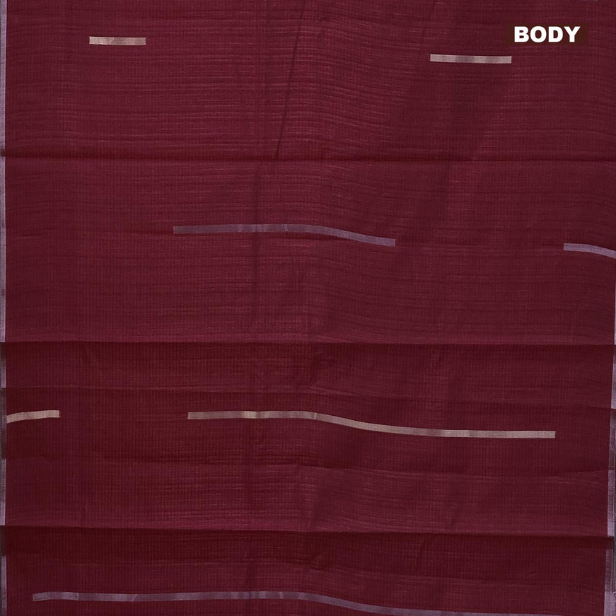 Matka tussar saree maroon with silver & gold zari weaves and piping border