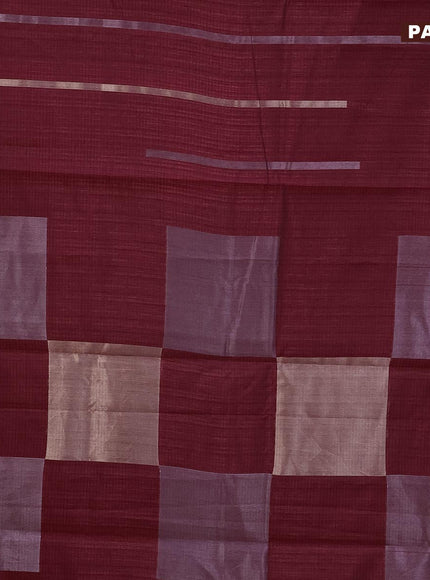 Matka tussar saree maroon with silver & gold zari weaves and piping border