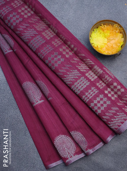 Matka tussar saree dark magenta pink with thread & silver zari woven buttas and piping border