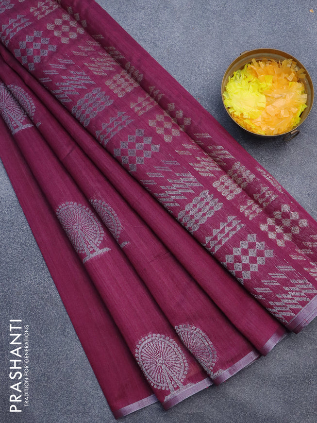 Matka tussar saree dark magenta pink with thread & silver zari woven buttas and piping border