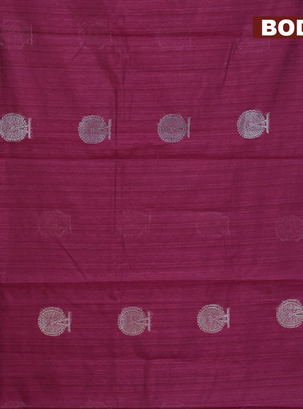 Matka tussar saree dark magenta pink with thread & silver zari woven buttas and piping border