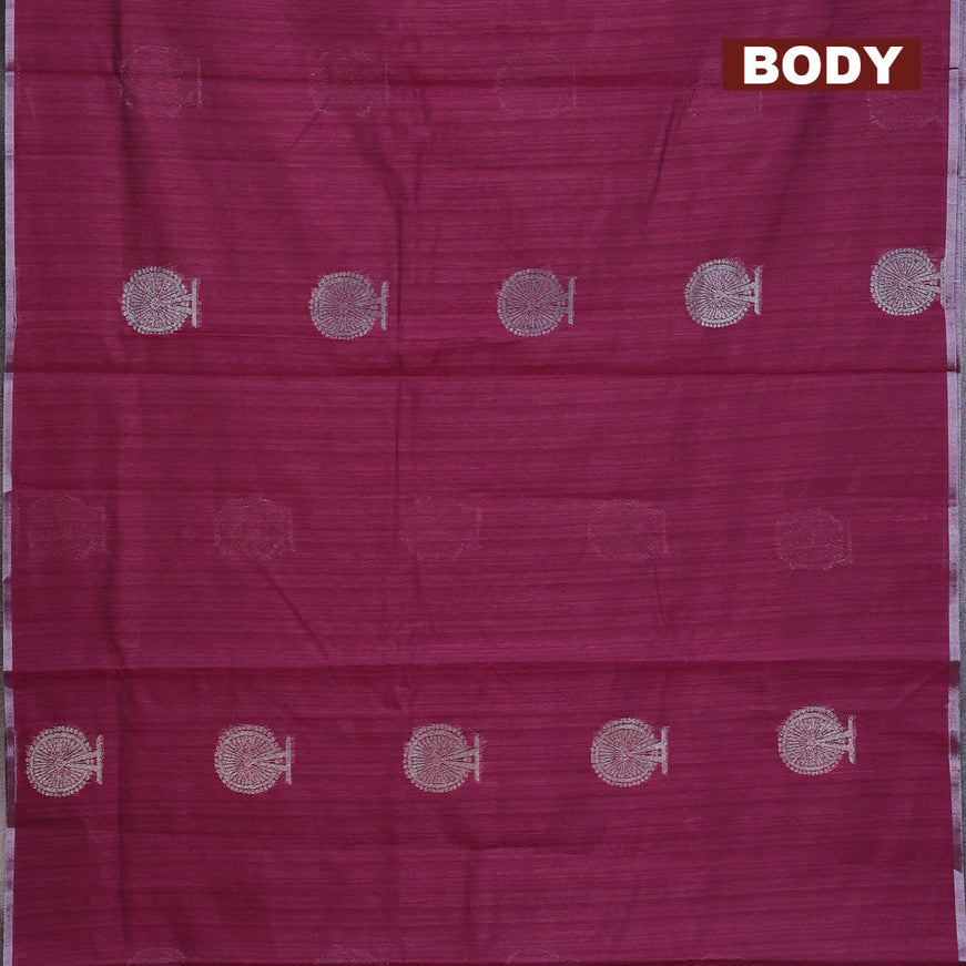 Matka tussar saree dark magenta pink with thread & silver zari woven buttas and piping border