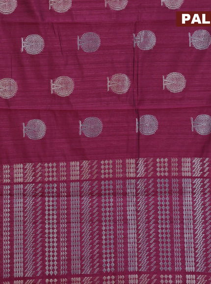 Matka tussar saree dark magenta pink with thread & silver zari woven buttas and piping border