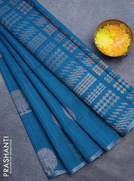 Matka tussar saree cs blue with thread & silver zari woven buttas and piping border