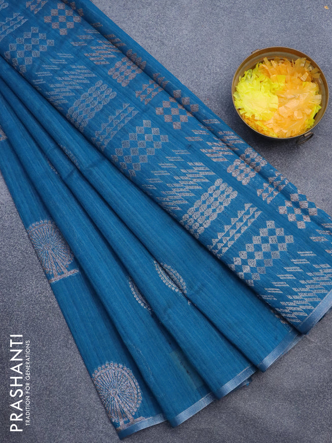 Matka tussar saree cs blue with thread & silver zari woven buttas and piping border