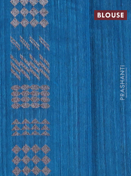 Matka tussar saree cs blue with thread & silver zari woven buttas and piping border