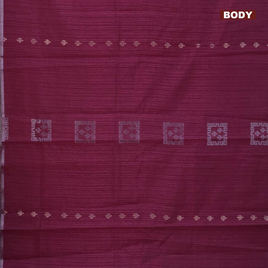 Matka tussar saree dark magenta pink with silver zari woven buttas and piping border