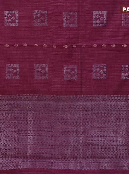 Matka tussar saree dark magenta pink with silver zari woven buttas and piping border