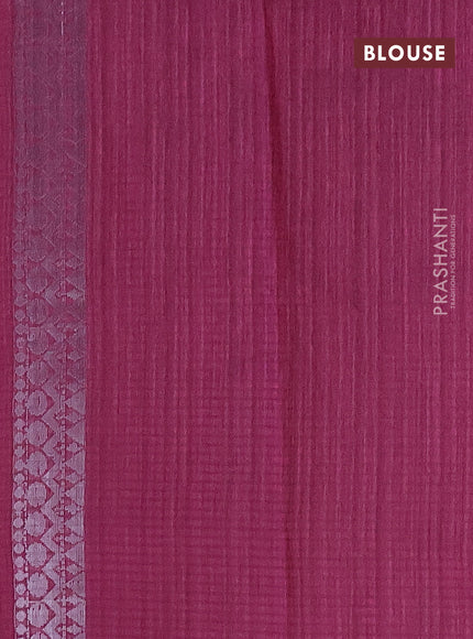 Matka tussar saree dark magenta pink with silver zari woven buttas and piping border