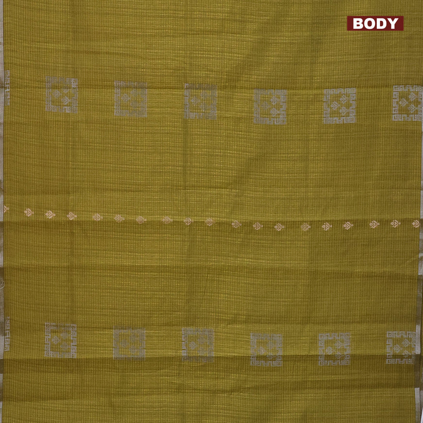 Matka tussar saree mehendi green with silver zari woven buttas and piping border