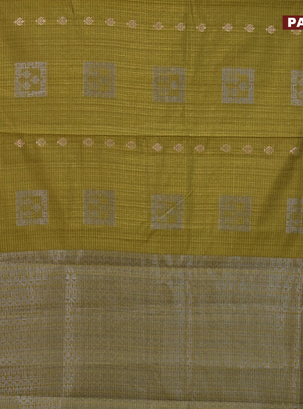 Matka tussar saree mehendi green with silver zari woven buttas and piping border