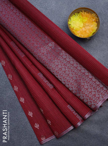 Matka tussar saree maroon with silver zari woven buttas and piping border