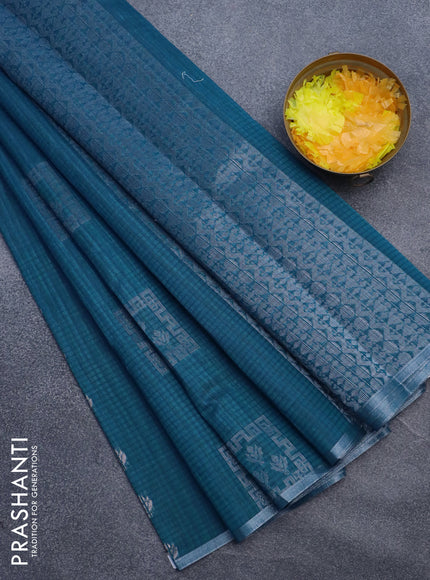 Matka tussar saree cs blue with silver zari woven buttas and piping border