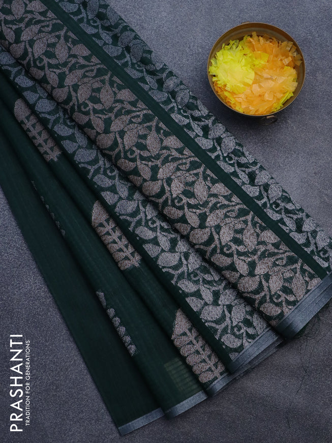 Matka tussar saree dark green with thread & silver zari woven buttas and piping border