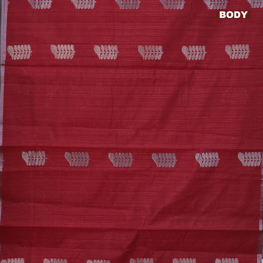 Matka tussar saree maroon with thread & silver zari woven buttas and piping border