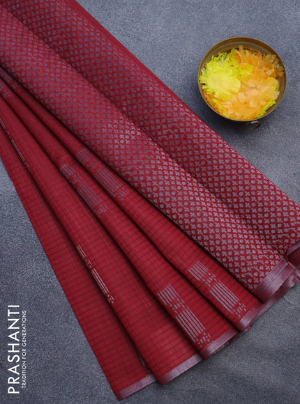 Matka tussar saree maroon with silver & gold zari weaves and piping border