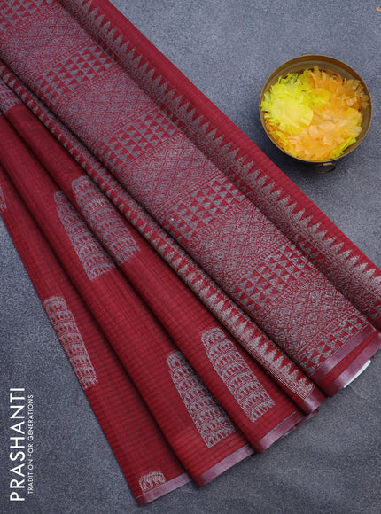 Matka tussar saree maroon with thread & silver zari woven buttas and piping border