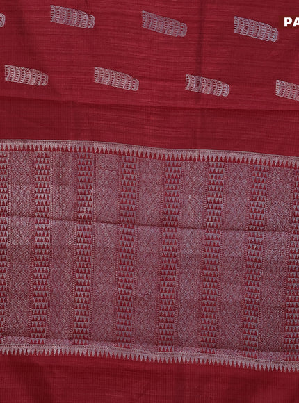 Matka tussar saree maroon with thread & silver zari woven buttas and piping border