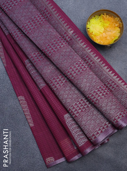 Matka tussar saree dark magenta pink with thread & silver zari woven buttas and piping border