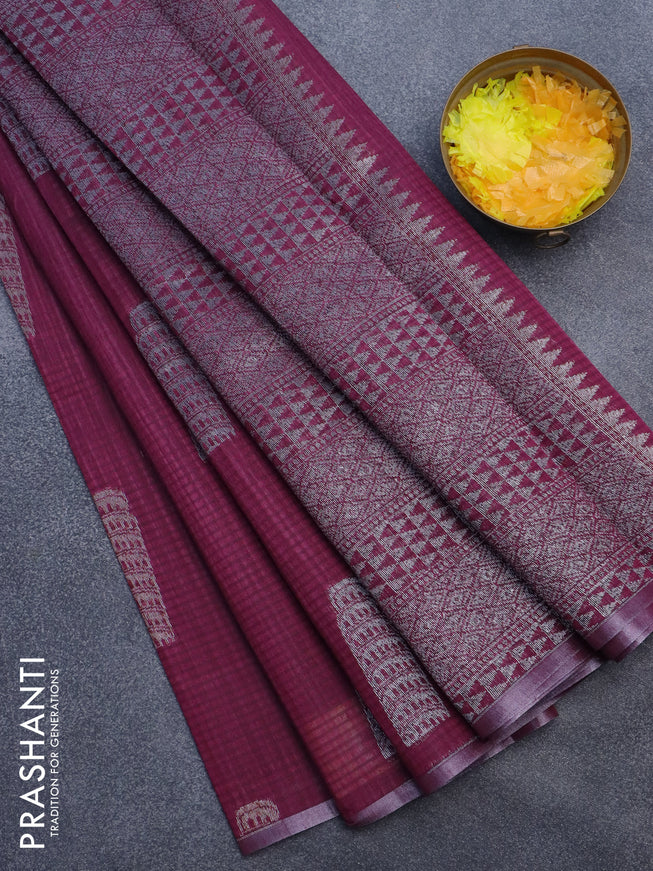 Matka tussar saree dark magenta pink with thread & silver zari woven buttas and piping border