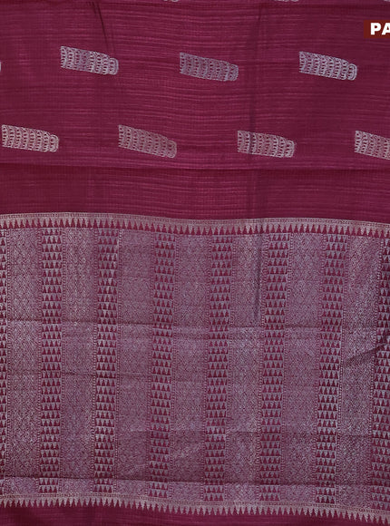 Matka tussar saree dark magenta pink with thread & silver zari woven buttas and piping border