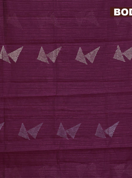 Matka tussar saree dark magenta pink with silver & gold zari woven geometric buttas and piping border