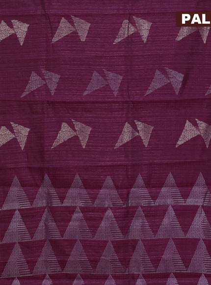 Matka tussar saree dark magenta pink with silver & gold zari woven geometric buttas and piping border