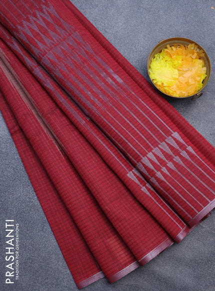 Matka tussar saree maroon with silver & gold zari weaves and piping border