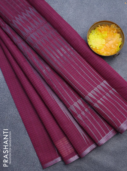 Matka tussar saree dark magenta pink with silver & gold zari weaves and piping border