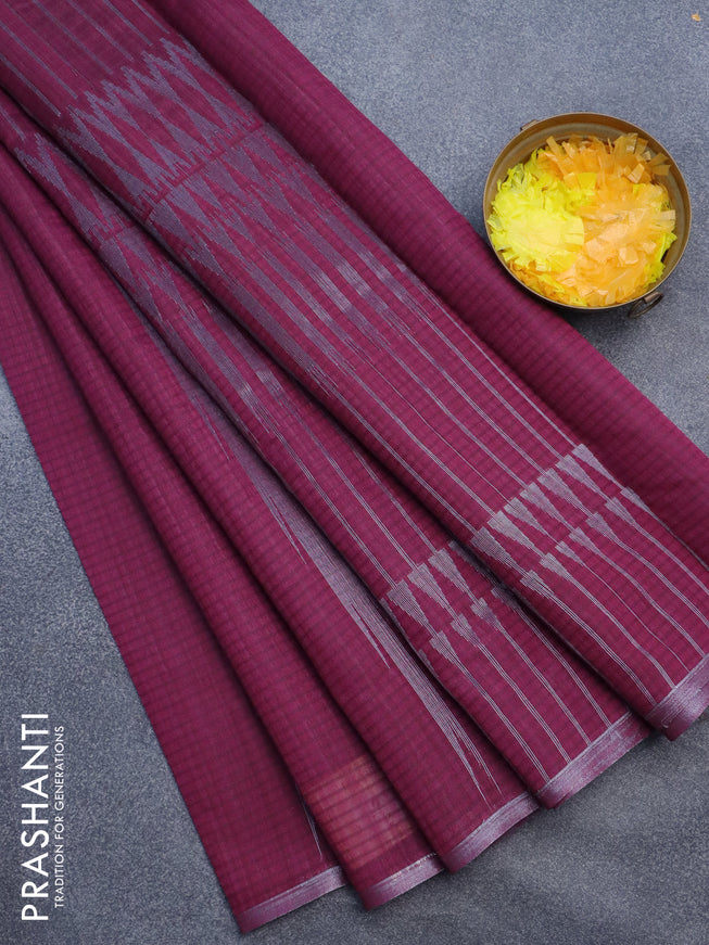 Matka tussar saree dark magenta pink with silver & gold zari weaves and piping border